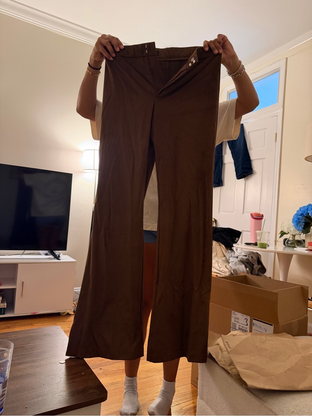 Brown Wide-Leg faux suede Women's Pants
